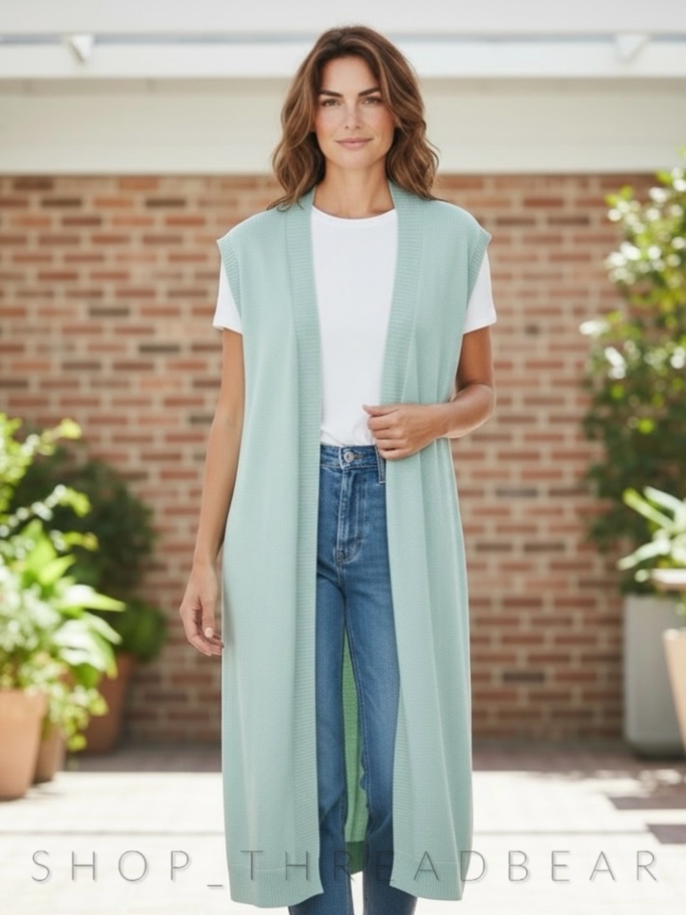 NWT [IORANE] Seafoam Blue Green Sleeveless Sweater Cardigan Duster Vest | Large